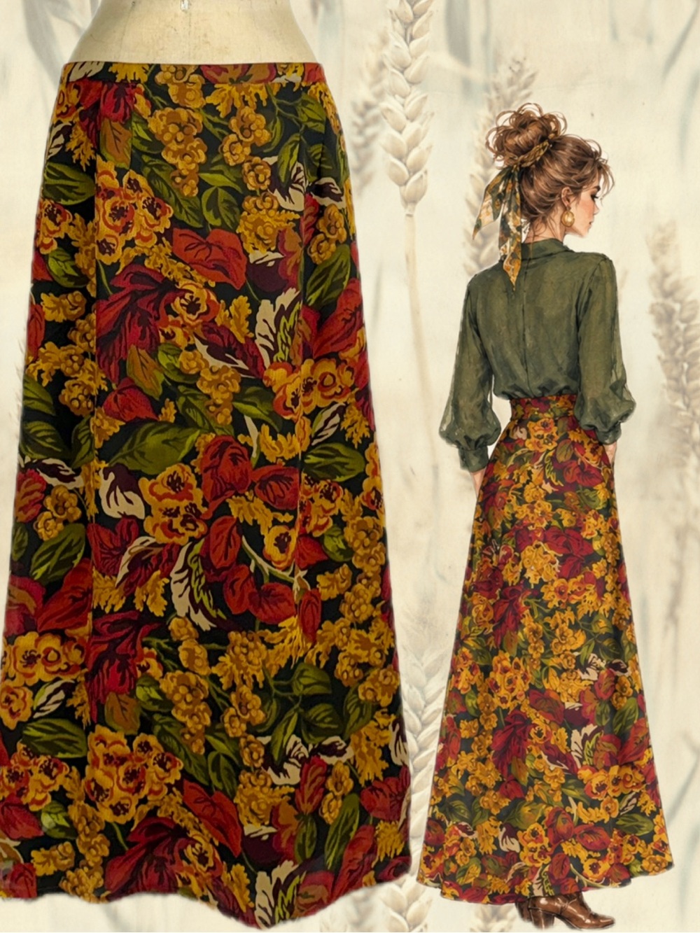 VINTAGE 90s autumn woodland long maxi skirt floral earthy gold red flower moody